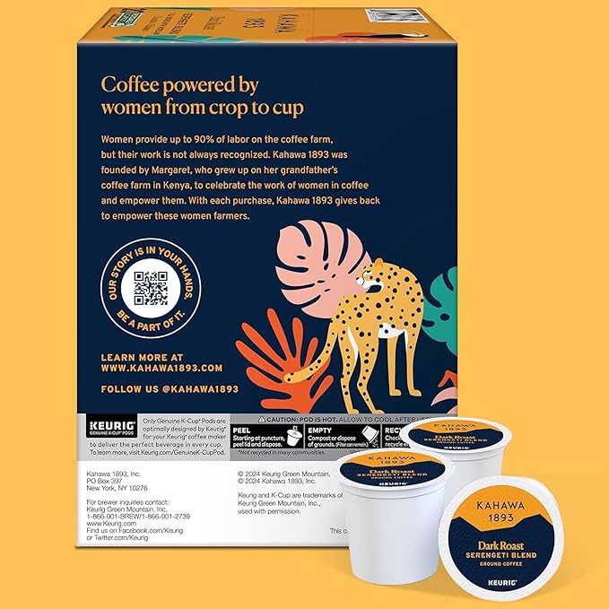 Kahawa 1893 Dark Roast Coffee K-Cup Pods Serengeti Blend (60 Count) - As Seen on Shark Tank, Low Acid, High Antioxidants, Naturally Sweet, Organically Grown, Ethically & Sustainably Sourced