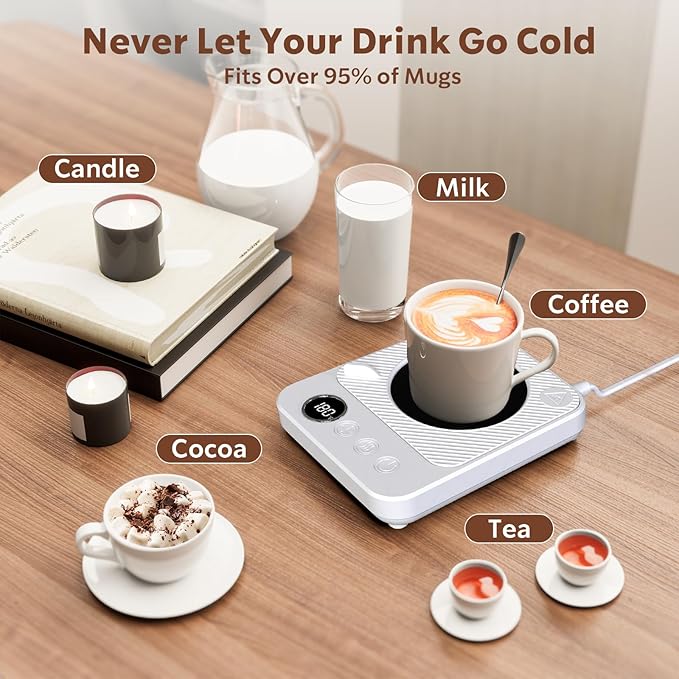 Coffee Mug Warmer - 36W Mug Warmer for Desk with Temperature Display, 1-12H Timer & 6 Temperature Settings, Fast Heating, Auto Shut Off, Smart Coffee Cup Warmer for Beverage, Coffee, Tea, Milk (White)