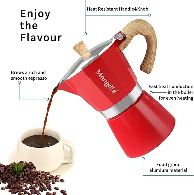 Mongdio Stovetop Espresso Maker Moka Pot, Cuban Coffee Maker Stove top coffee maker Moka Italian Espresso Greca Coffee Maker Brewer Percolator, 6 Espresso Cups, 10 oz - Red