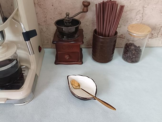 Coffee Spoon and Rest for Coffee Bar Accessories, Leaf Small Spoon Rest for Coffee Station, Tea Spoon Rest Tea Spoon Holder Teaspoon Rest, 1 PC (Ice Cracks Cream White with Gold Rose Spoon)