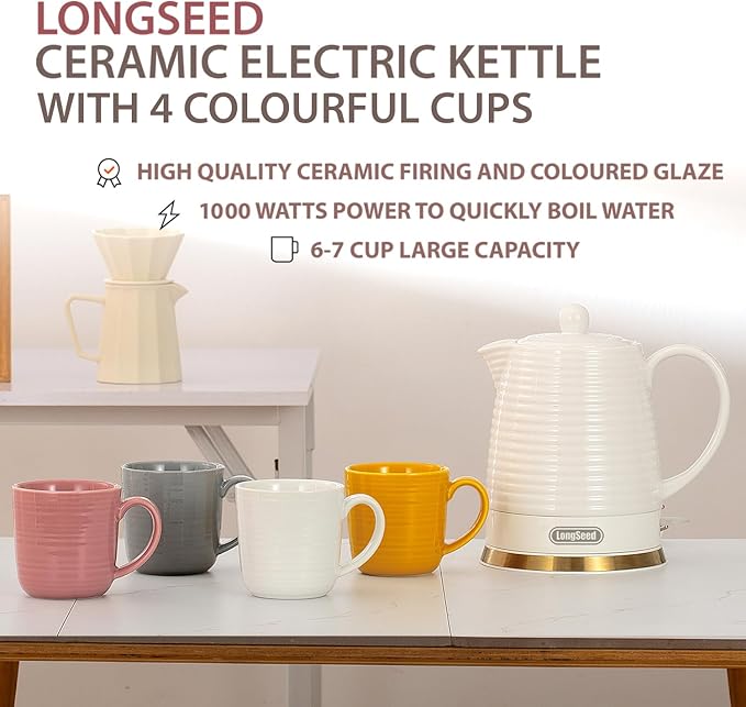 1.26 Quarts Ceramic Electric Kettle with Infuser & Cups Kit, Boil Water Teapot, Boil-Dry Protection Auto Shut-off, Detachable Swivel Base, 1000W Fast Boiling for Tea and Coffee