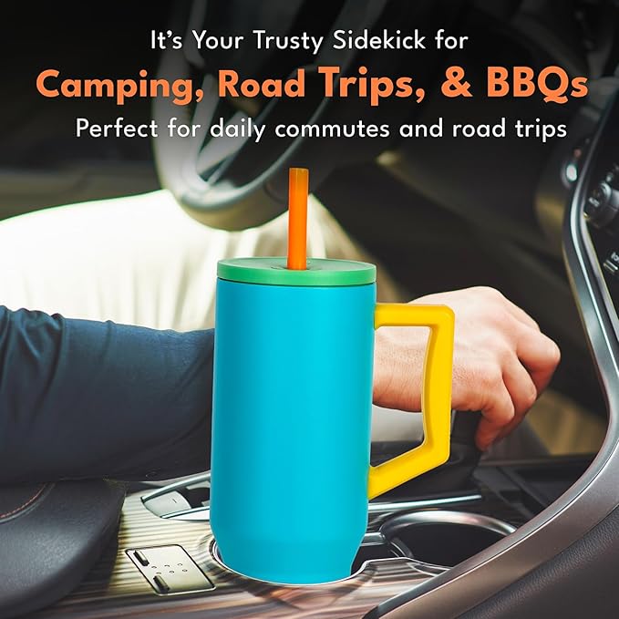 Elemental 40 oz Tumbler with Handle and Straw - Spill Proof Insulated Stainless Steel Commuter for Hot and Cold Beverages - Travel Coffee Mug with 2 Straws & Spill Proof Lid - 40oz- Blue Lagoon