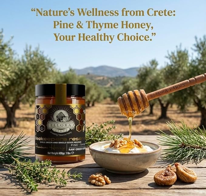 Ellora Farms Greek Honey Single Estate PDO, Pine & Thyme Honey Unfiltered, Beautiful Gift Pack with Dipper, Beekeepers Reserve, Raw & Unfiltered, Gluten Free - 450g (16oz)