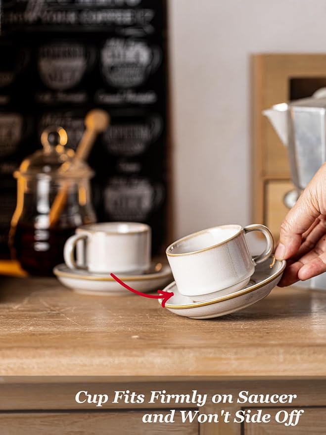 Gomakren 2.5 Ounce Espresso Cups Set of 4, Small Stackable Coffee Cups with Saucers and Metal Stand, Christmas Porcelain Demitasse Cups for Specialty Coffee Drinks, Espresso, Cappuccino, Latte, White