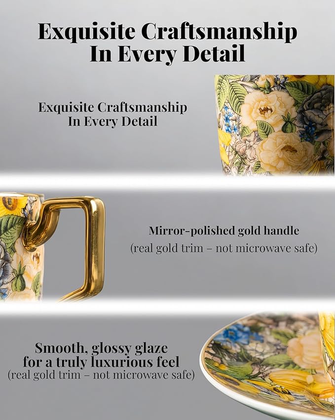 Exquisite Bone China Tea Cups and Saucer Set – Elegant Porcelain Tea Cups, Beautifully Detailed for Tea Lovers, Gift-Ready for Christmas, Hostess, Holiday Gift & Fall Decor