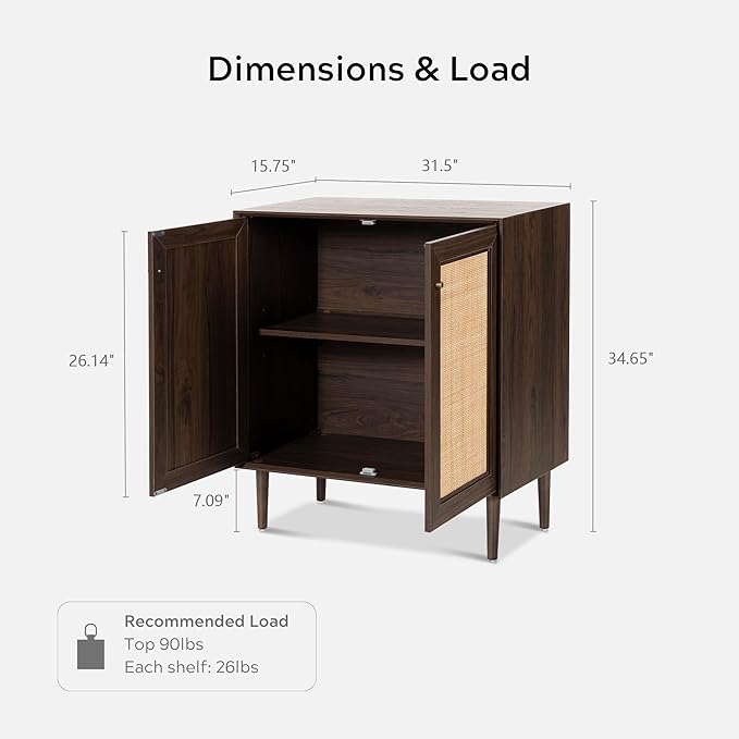 Natural Rattan Cabinet Sideboard with Storage, Boho Free Standing Buffet Kitchen Coffee Bar Accent Cabinet Farmhouse Credenza for Entryway, Living Room (Square Doors/Brown)