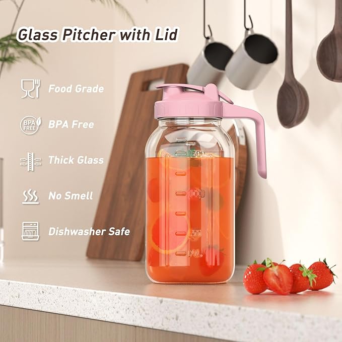 64 oz Glass Pitcher with Lid, Large Wide Mouth Mason Jar with Pour Spout, Pink Sun Tea Jar for Outside, Glass Water Pitcher Great for Drink, Cold Beverages and Breast Milk