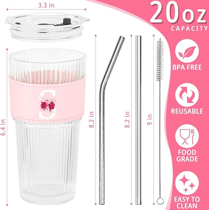 Personalized Gifts for Women,20oz Ribbed Glass Tumbler,Monogrammed Gifts for Women,Birthday Gift,Ice Coffee Mug,Christmas Gift for Mom Sister-S