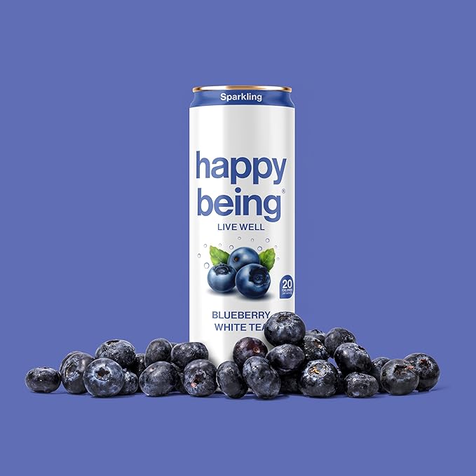 Happy Being Sparkling Nutrient-Rich Blueberry White Tea – Infused with Turmeric, Elderberry, Vitamin D3, Caffeine Free, Plant-Based, Low Calorie & Low Sugar Drinks, 12oz (16 Pack)