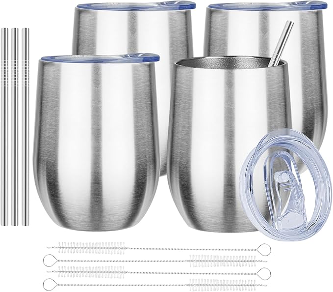 MEZMUT 12oz Insulated Wine Tumbler with Lid Double Wall Vacuum Stainless Steel Wine Glass Coffee Mug Insulated Tumbler Cup for Champaign, Cocktail, Beer (Silver,4 Pack)