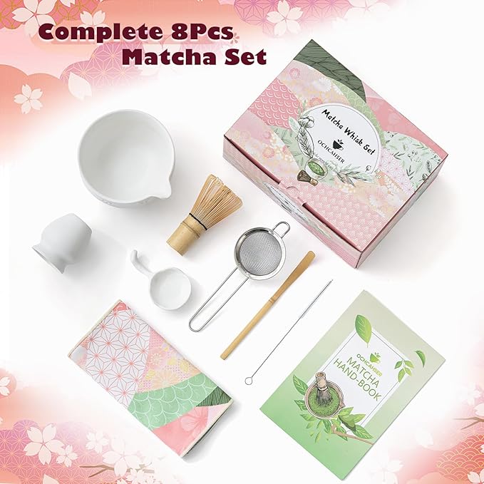 Matcha Tea Set, 8 Pcs Japanese Matcha Kit with Cherry Blossom and Wave Design Ceramic Bowl, Bamboo Whisk, Whisk Holder, Scoop, Sifter, Brush, Matcha Kit Set for Matcha Lovers (Speckled White)