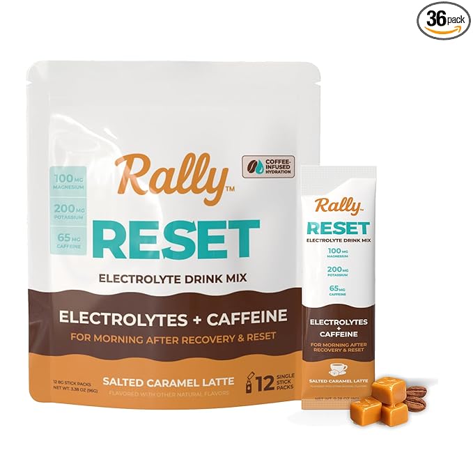 Rally Reset Instant Coffee Packets – Salted Caramel Latte Mix with MCT Oil, Caffeine, Vitamin B12 & Vitamin C – Functional Single-Serve Coffee Sticks, Low Sugar | 36 Sticks