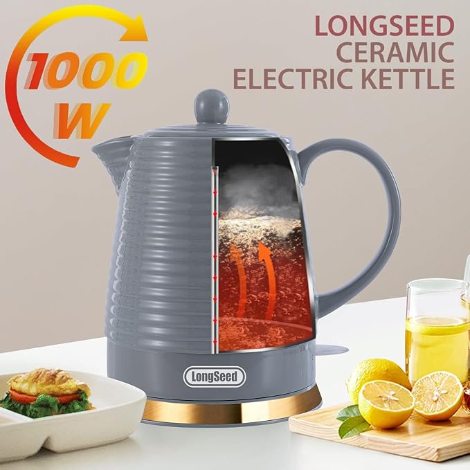 1.2 Liter Ceramic Electric Kettle Pot with Infuser & Mug, 1000W Boil Water Teapot, Fast Boiling, Boil-Dry Protection, Automatic Shut-Off, Rotatable Base