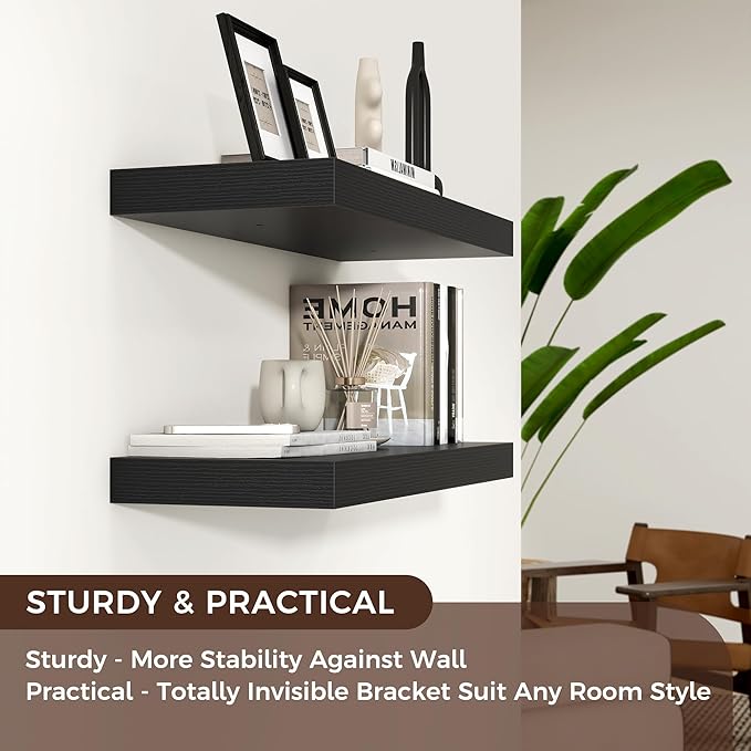Floating Shelves for Wall, Engineered Wood Wall Shelves with Invisible Brackets for Living Room Bedroom Bathroom Office Kitchen Decor and Storage (Black, 24" W x 9" D x 1.5" H) Set of 2