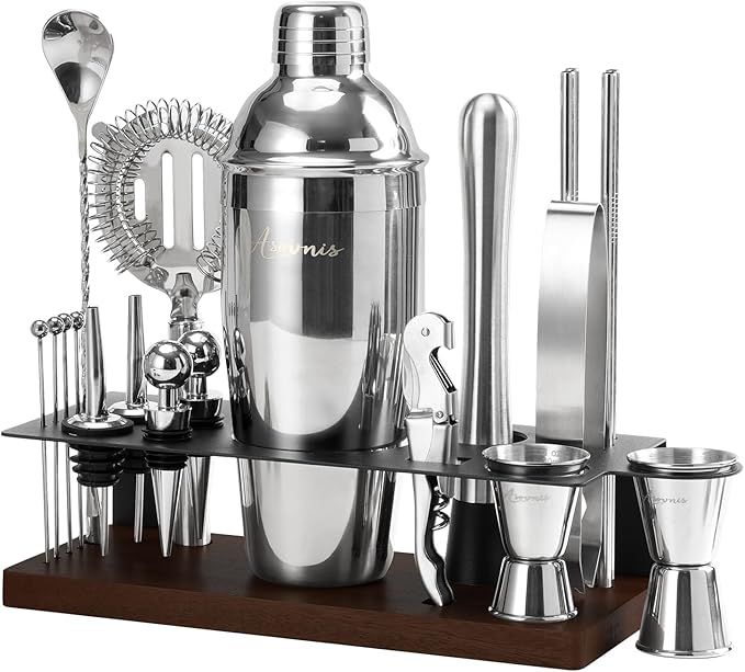 23-Piece Bartender Kit, Cocktail Shaker Set with Stand | Bar Drink Mixer Set with All Essential Bar Tools: Martini Shaker, Jigger, Strainer, Muddler, Pourers, for Home, Bar, Party (Black)
