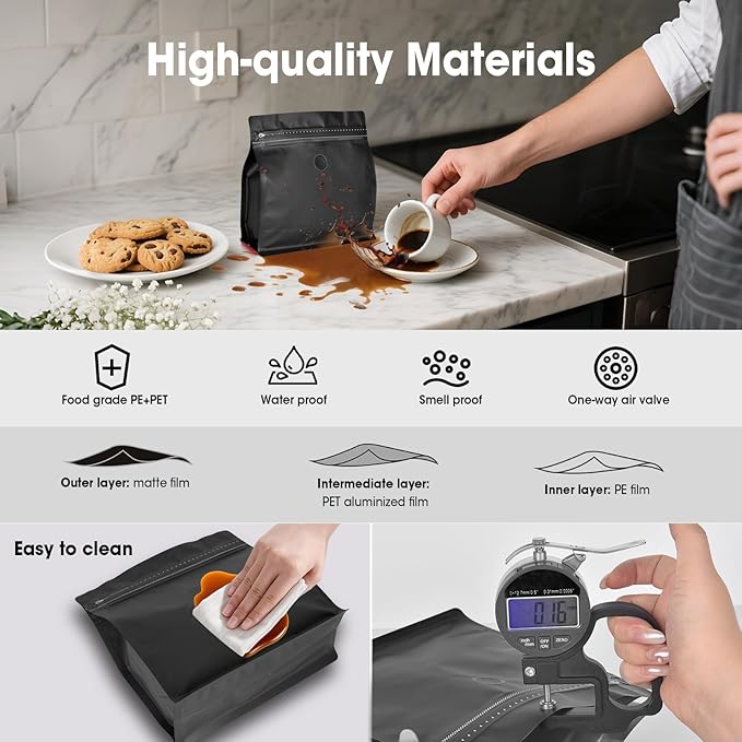 50 Count 16oz Coffee Bags with Valve,1lb Vented Coffee Beans Packaging Bags High Barrier Aluminumed Foil Flat Bottom Heat Sealed Side Zipper Resealable Storage Bag for Home or Business（Black）