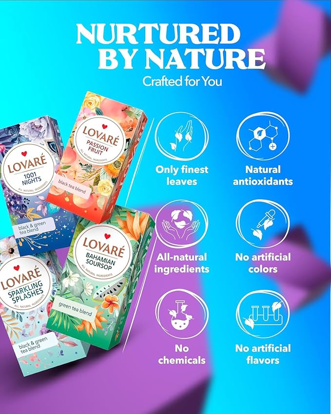 LOVARE Set of 4 Assorted Tea Bags Variety Pack 48 g - Made in Ukraine - 24 Black, Green Tea Sampler Bags x 2 g - Tea Bags Individually Wrapped - Assorted Tea Variety Pack Blends - Gift Box Assortment