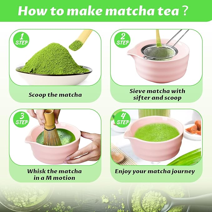 Matcha Set, 6 Pcs Matcha Whisk Set with 20 oz Bowl, Bamboo Whisk for Matcha Tea, Matcha Bowl, Ceramic Matcha whisk Holder, Stainless Sifter and Scoop - Gift for matcha kit Lovers（Pink）