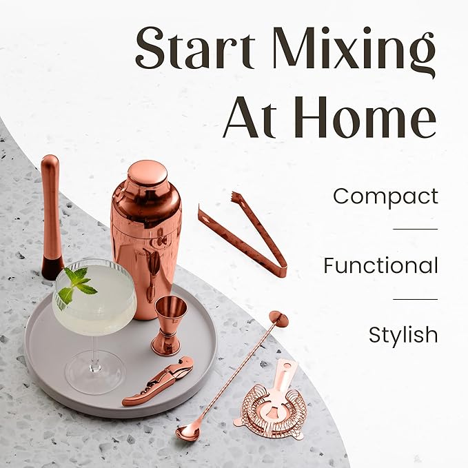 Mixology & Craft Bartender Kit: 10-Piece Cocktail Shaker Set with Dark Bamboo Stand | Complete at Home Bar Set with Bar Accessories | Great Housewarming Gift | Leak-Proof Design (Copper)