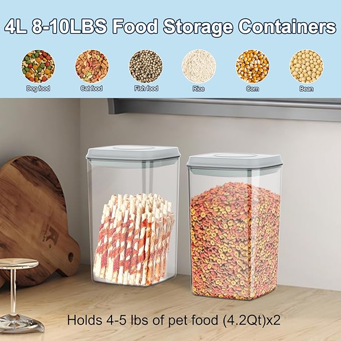 4.2Qt 2Pack Airtight Dog Cat Food Storage Container and Dog Treat Containers BPA-Free, PET Clear Stackable Pet Storage Bin, 1 Cup Scoop, 1 Sponge cleaning brush, Pop Top, With handle (Grey)