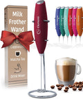 Elementi Milk Frother Wand & Drink Mixer with Stand - Turbo Milk & Coffee Frother Handheld - Hand Held Coffee Mixer Wand & Cold Foam Maker for Frothy Cappuccinos, Lattes & Drink Mixes (Burgundy)