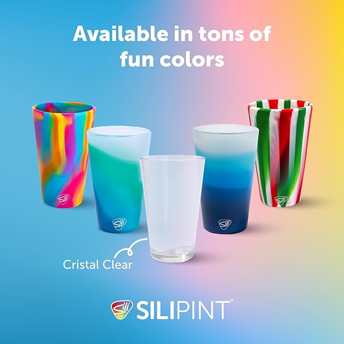 Silipint 4-Pack 16oz Silicone Pint Glass – Unbreakable, BPA-Free, Reusable Silicone Drinking Cup – Flexible, Microwave & Freezer Safe – Stemless Glass for Coffee, Smoothies (Crystal Clear)
