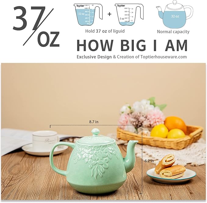 Toptier Leaf Teapot, Porcelain Tea Pot with Infuser and Lid, Blooming & Loose Leaf Ceramic Teapot, 37 Ounce, Light Green