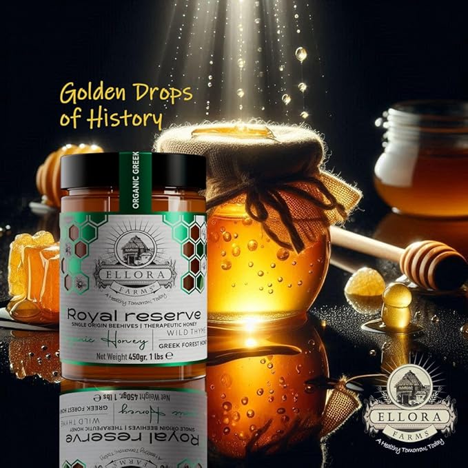 Ellora Farms Organic Greek Honey, Wild Thyme, Raw Unfiltered, Preservative and Additive Free, 2025 Paris and Dubai Gold Awards Winner, Gift Pack with Dipper - 450g (16oz)