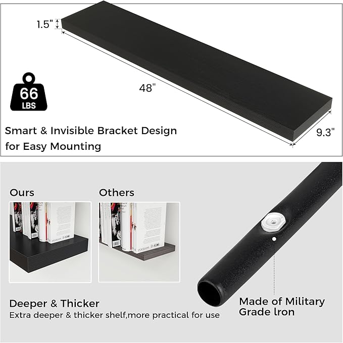 Floating Shelves for Wall, Engineered Wood Wall Shelves with Invisible Brackets for Living Room Bedroom Bathroom Office Kitchen Decor and Storage (Black, 48" W x 9" D x 1.5" H) Set of 2