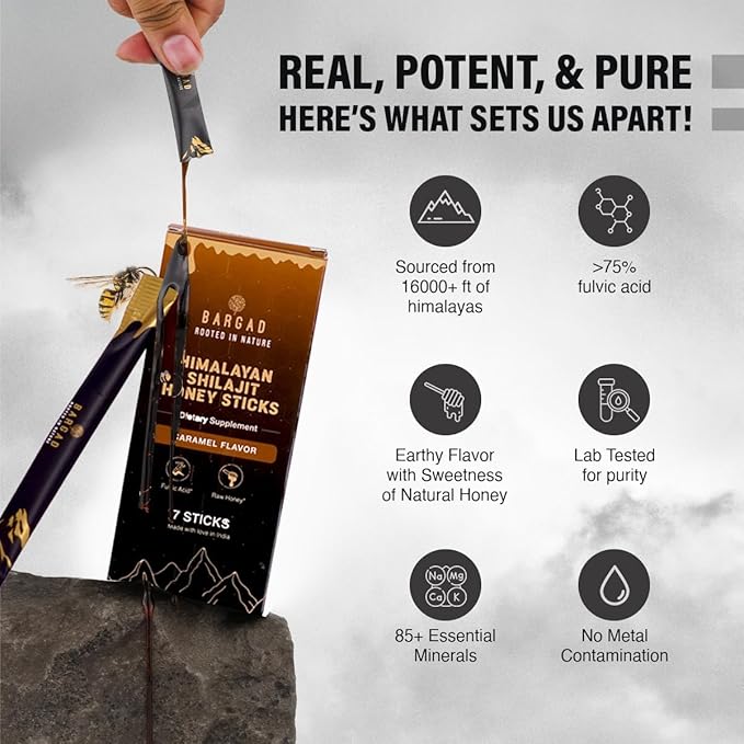 Pure Himalayan Shilajit Sticks with Organic Honey & Caramel (7 Count) | Easy Single Use Shilajit Sticks | Boosts Energy & Immunity with 85+ Trace Minerals, 75%+ Fulvic Acid