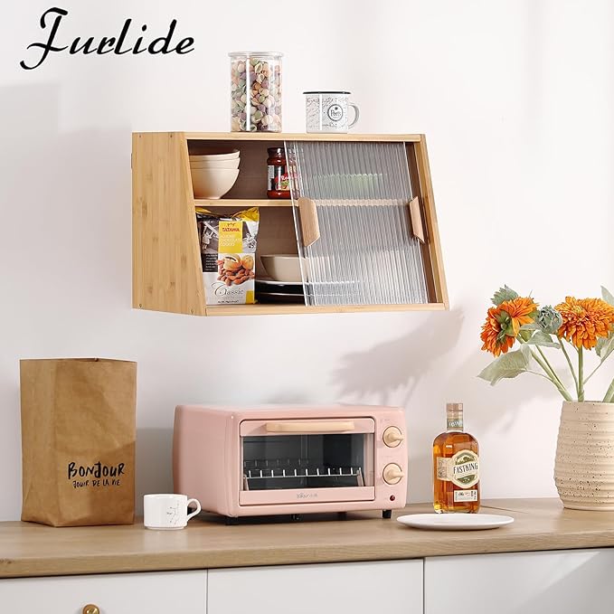Wooden Kitchen Sideboard, Small Bamboo Countertop Organizer, Tabletop Cabinet with 2 Glass Sliding Door, Counter Cabinet for Kitchen, Living Room, Dinning Area and Bathroom, Wood