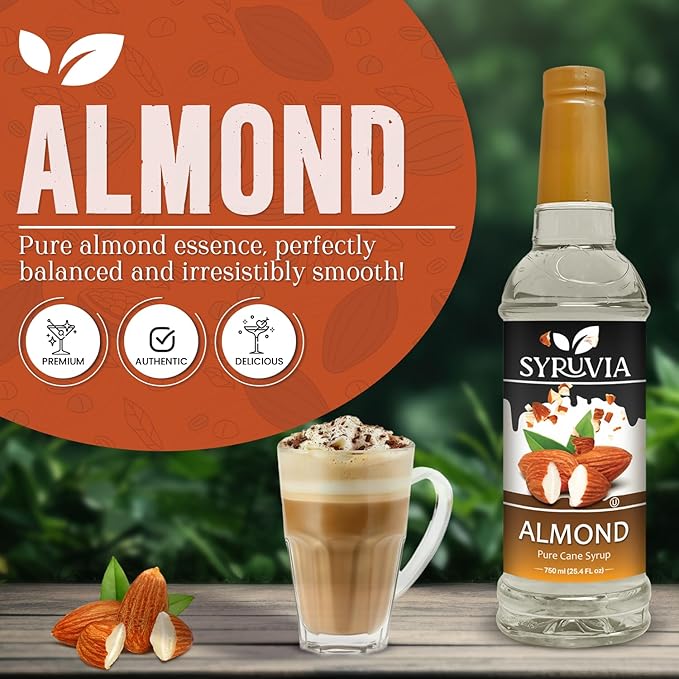 Syruvia Coffee Syrup, Almond Flavored Syrup for Drinks, Lattes, and Desserts – 25.4 fl oz,