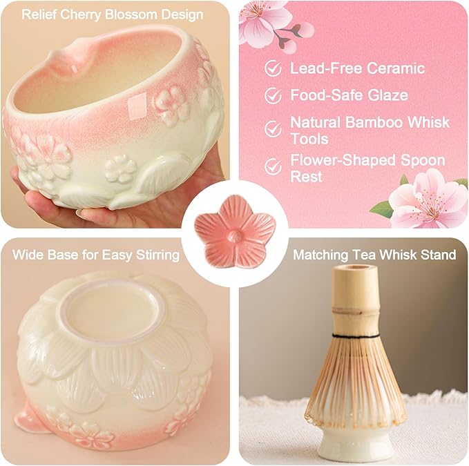Matcha Whisk Set, 8 Pcs Matcha Kit Set With Pink Cherry Blossom Embossed Pattern Includes 18 OZ Bowl, Bamboo Whisk, Ceramic Holder, Bamboo Scoop x2, Scoop Rest, Stainless Sifter and Tea Towel