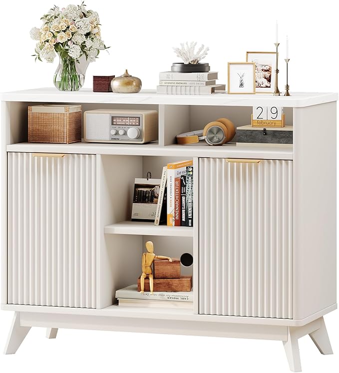 Fluted Storage Cabinet, 39" Sideboard Buffet with Storage, Mid Century Modern Accent Cabinet with Doors and Shelves, Multifunctional Console Table Coffee Bar for Living Room and Kitchen, White