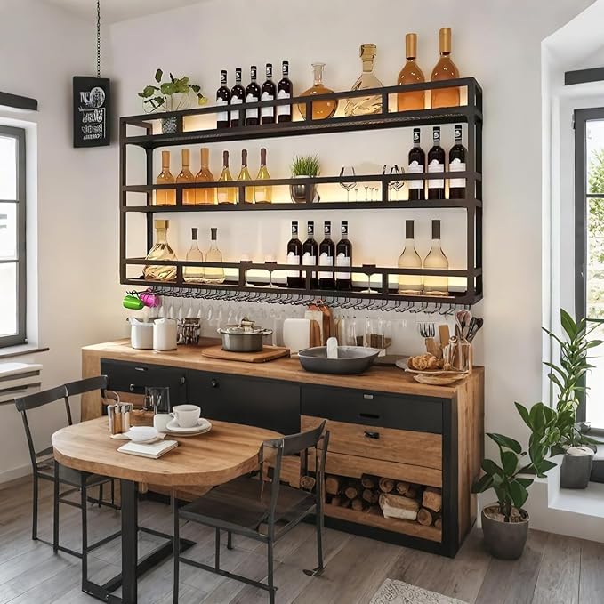 Wall-Mounted Wine Rack with LED Light, 3-Tier Wall Bar Shelves for Liquor Bottles & Glasses, Modern Industrial Black Floating Display Shelf for Home Bar, Dining Room& Kitchen, 39 x 9.8 x 35 in