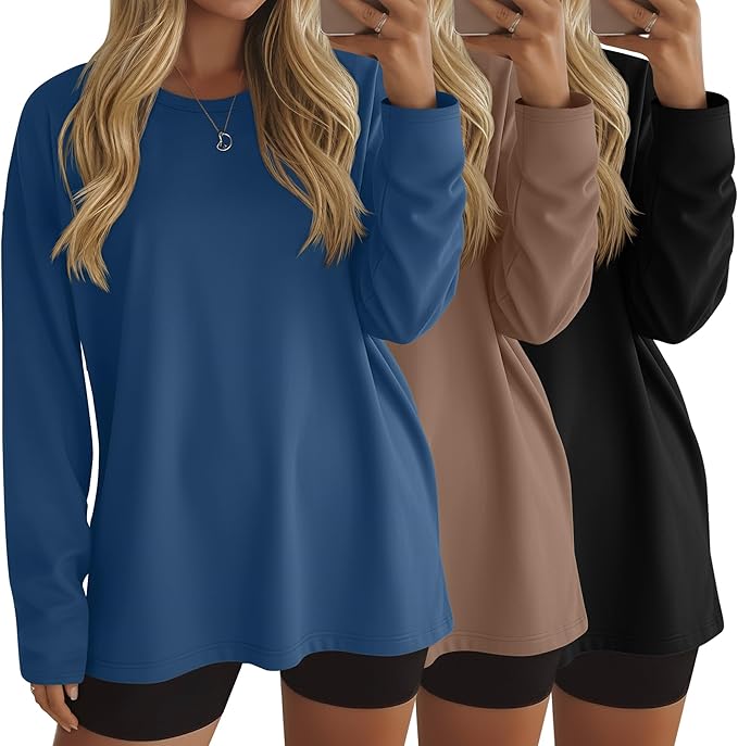 Ficerd 3 Pack Women's Oversized Long Sleeve Shirts Cotton Gym Round Neck Tops Loose Fit Casual Workout Baggy Fall Basic Tee