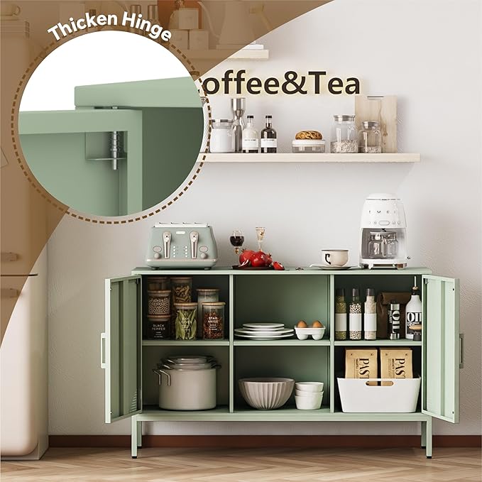 Metal Storage Cabinet,Metal Green TV Stand,Coffee Bar Buffet Cabinet Kitchen Sideboard Storage with Adjustable Shelves for Living Room Bedroom