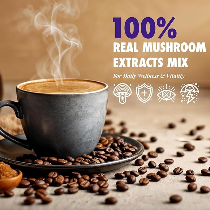 Sollo Super 6 Mushroom Blend Instant Coffee Sticks – 24 Servings | 6 Functional Mushrooms + Vitamins | Medium-Dark Roast 100% Arabica | Freeze-Dried | Single-Serve Sticks