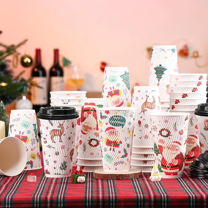 100 Pack Christmas Coffee Cups with Lids 16oz, Disposable Insulated Ripple Wall To Go Paper Coffee Cups for Hot/Cold Drinks Office Home Shop Event (Colorful)