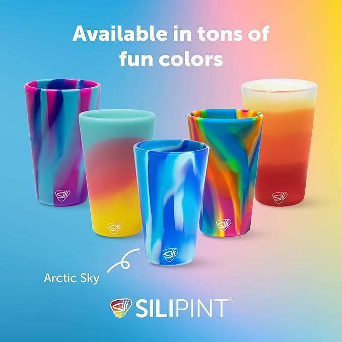 Silipint 16oz Silicone Pint Glass – Unbreakable BPA-Free Reusable Silicone Drinking Cup – Flexible Dishwasher Microwave & Freezer Safe – Stemless Glass for Water Coffee Smoothies (Aurora)