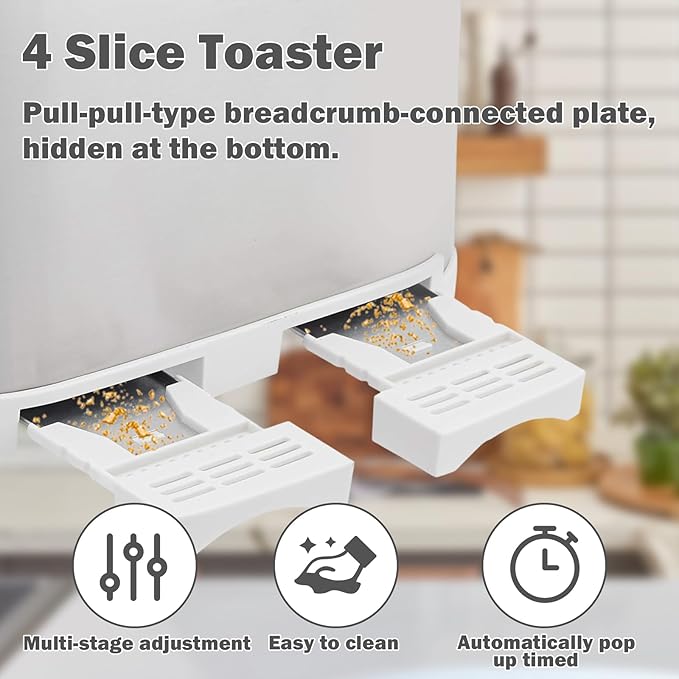 4 Slice Brushed Silver Stainless Steel Toaster with Wide Slots, Bagel, Defrost, Cancel Functions, 1600W Family Size Bread Maker for Modern Kitchens