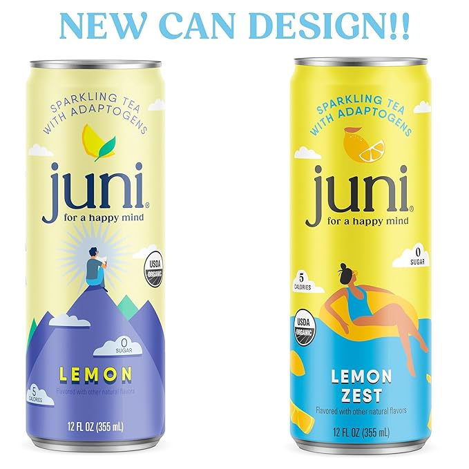 Juni Sparkling Adaptogen Drink with Ashwagandha, Lion’s Mane & Reishi Mushrooms, Green Tea for Focus, Zero Sugar, 5 Calories, Organic, Non Alcoholic Drinks - Lemon 12 pack