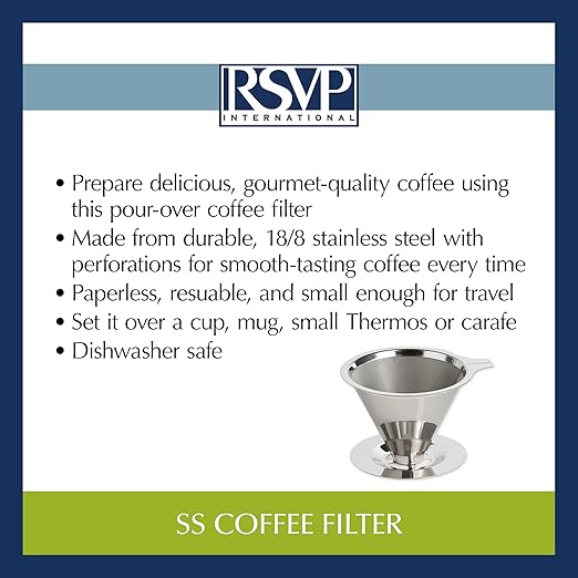 RSVP International Stainless Steel Pour Over Coffee Maker Use with 304SS Filter, 7x4x3.5