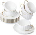 BTaT- White Tea Cups and Saucers Set of 6 (7 oz), Porcelain White Tea Cup Set with Golden Trim Design, Dishwasher Safe, Christmas Gifts