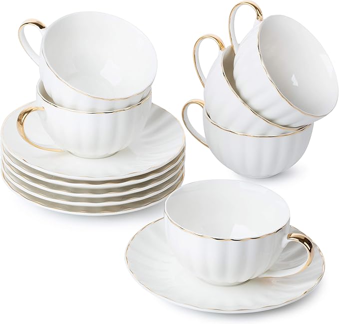 BTaT- White Tea Cups and Saucers Set of 6 (7 oz), Porcelain White Tea Cup Set with Golden Trim Design, Dishwasher Safe, Christmas Gifts