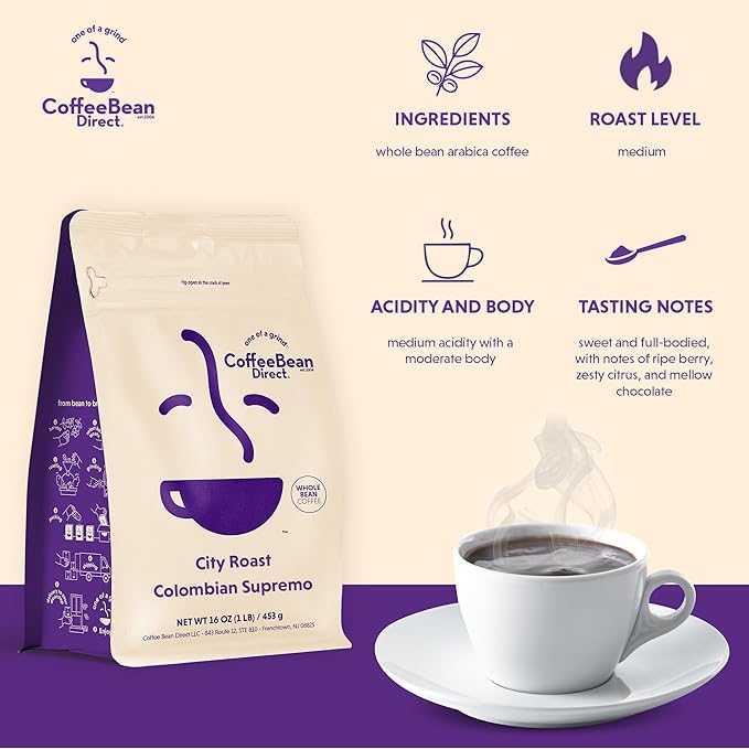 Coffee Bean Direct City Roast Colombian Supremo, Whole Bean Coffee, Medium Roast, 1 Pound Bag (Pack of 1)