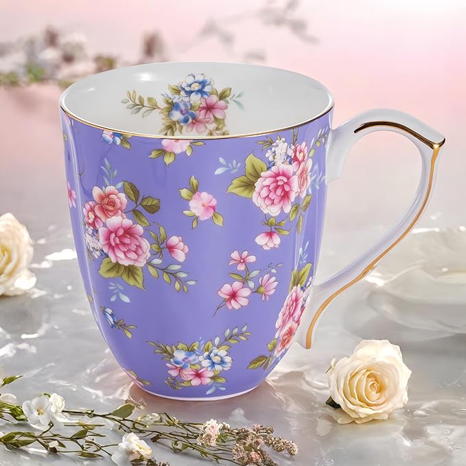 13oz Bone China Floral Mug with Gold Bone China Coffee Mugs Bone Teacup Christmas Mugs Birthday Gifts for Women Mom Friends Coworker