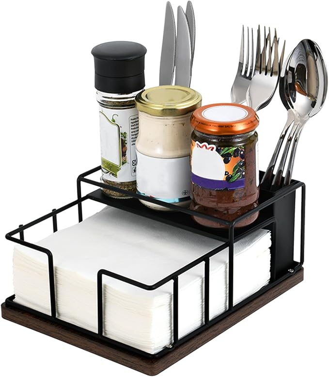 Napkin Holder for Paper Napkins,Flat Napkin And Utensils Holder For Kitchen Dining Table Wood Black Napkin Holders Cutlery Storage Box