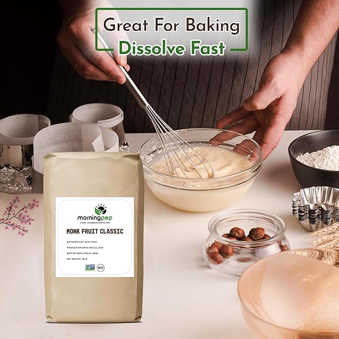Morning Pep Monk Fruit Sweetener, Classic | White Sugar Substitute, Keto Diet Friendly, 1:1 Sugar Replacement, For Baking, Coffee, Tea, Zero Calorie Non Gmo Project Verified, OU Kosher, White - 55 lb BULK BAG (880 oz)