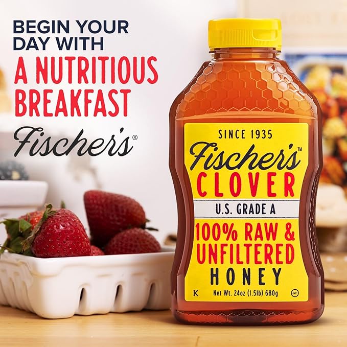 Fischer's 100% Pure Clover Honey, 40 oz – Unfiltered Raw Honey in a Squeeze Bottle – All-Natural Sweetener – Rich Flavor Profile, Packed with Nutrients